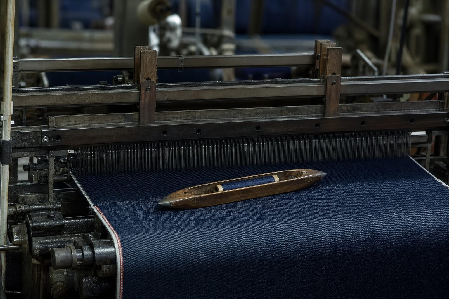 Traditional shuttle loom weaving Premo Denim red selvedge fabric
